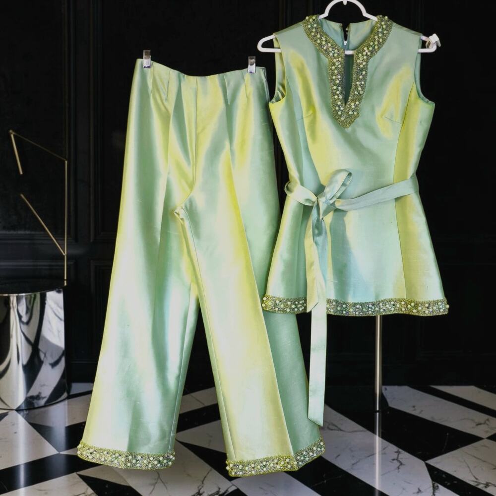 Vintage 60s HARMAY Silk Shantung Hostess Pants Set Jeweled Pearl Rhinestone XS